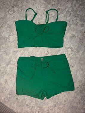 Green Two-Piece Bikini Set with Tank Top & Swim Shorts